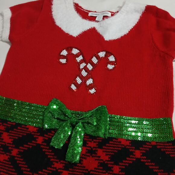 Ugly Christmas Sweater Dress Large (10/12) CanDY Canes Plaid Skirt Sequin Bow - Picture 4 of 11